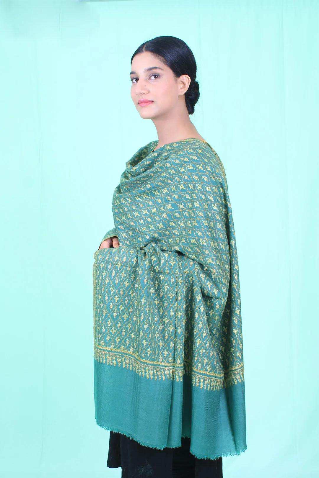 Nazneen Casleton Green Embroidered Jaali Pashmina Shawl