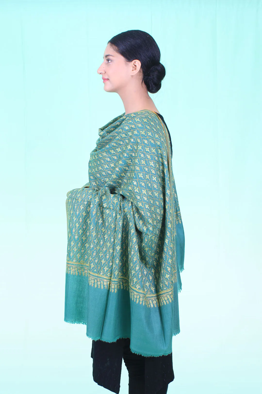 Nazneen Casleton Green Embroidered Jaali Pashmina Shawl