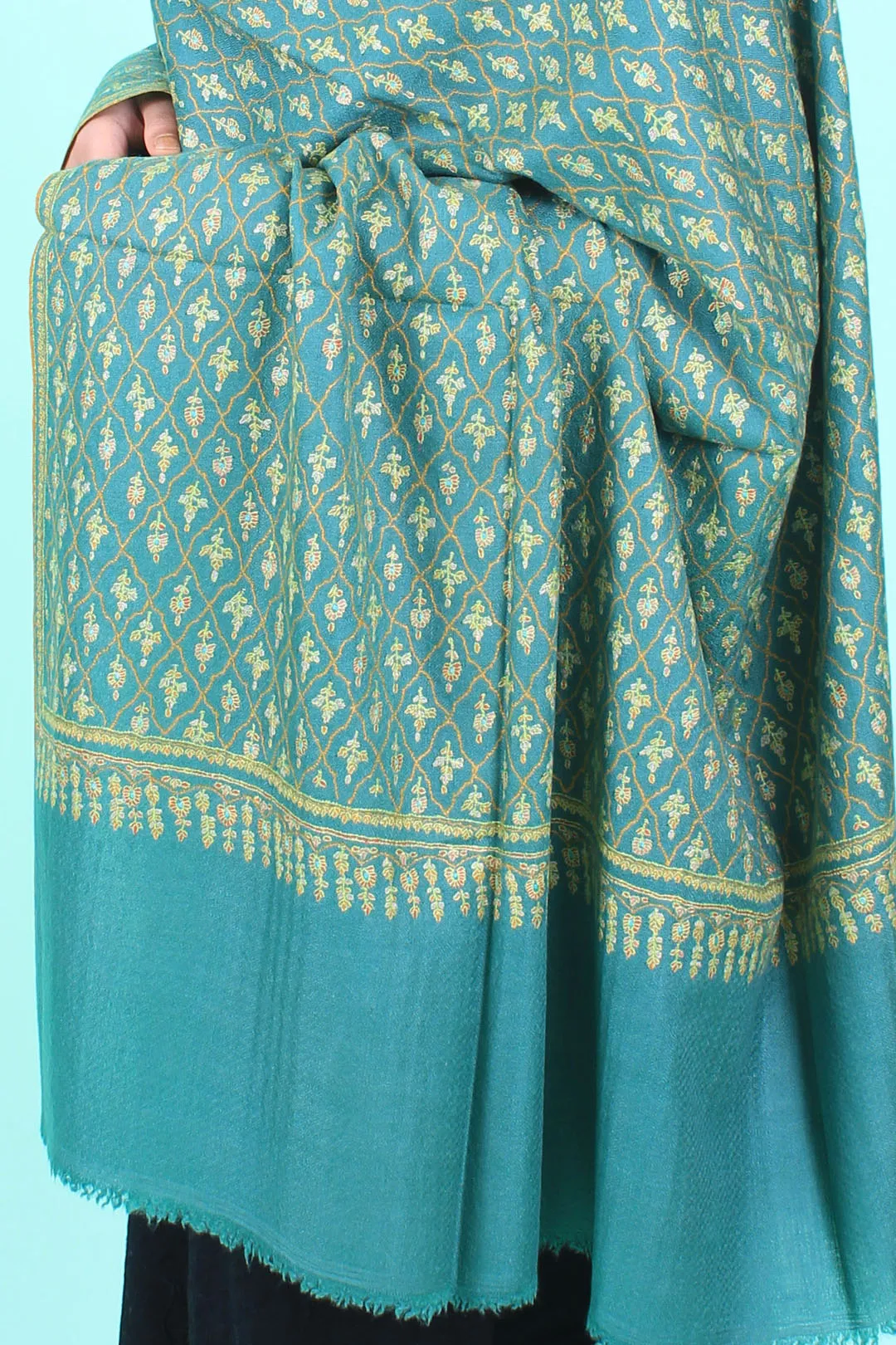 Nazneen Casleton Green Embroidered Jaali Pashmina Shawl