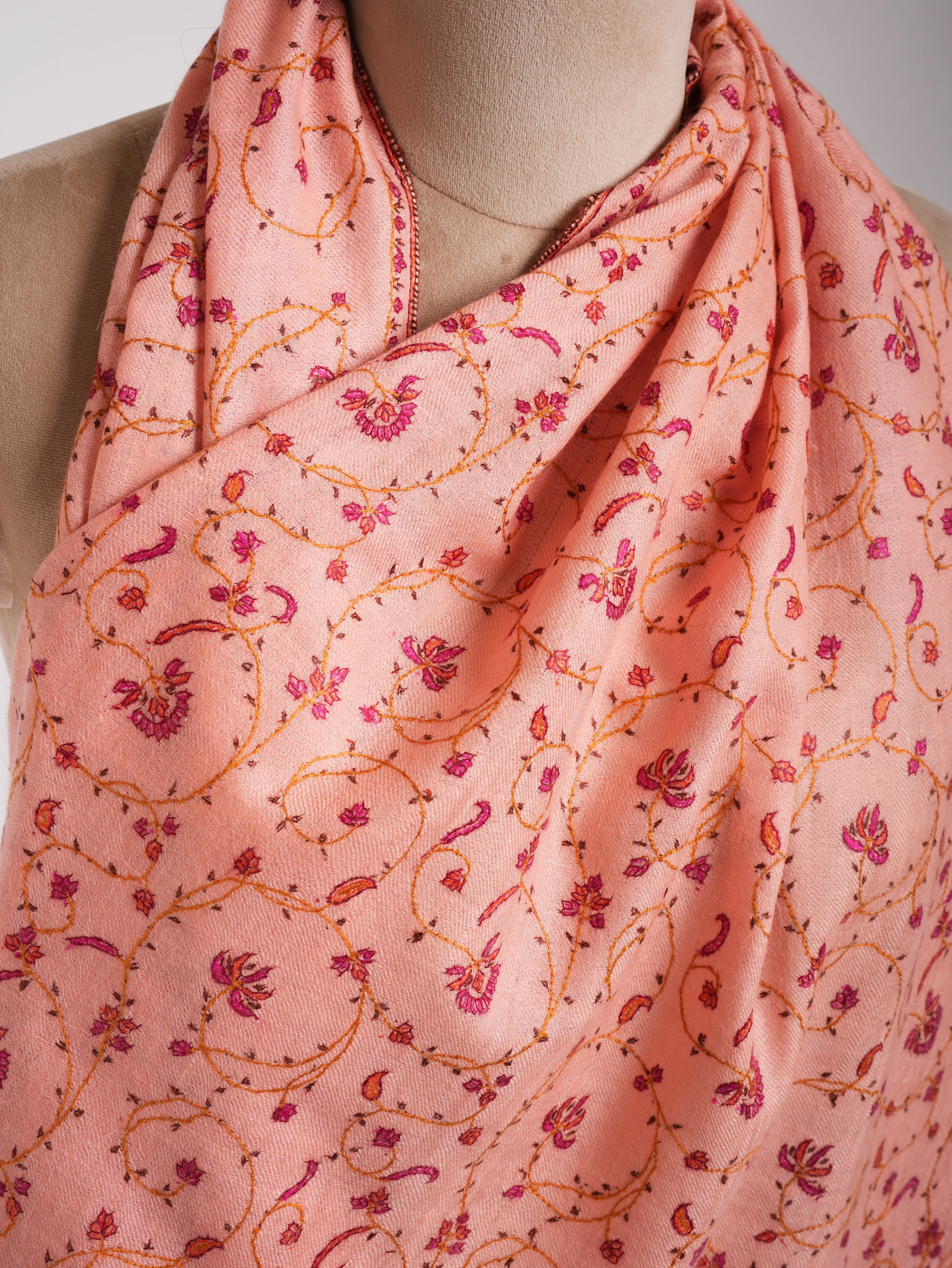 Peach Pink Sozni Embroidered Kashmiri Cashmere Wrap