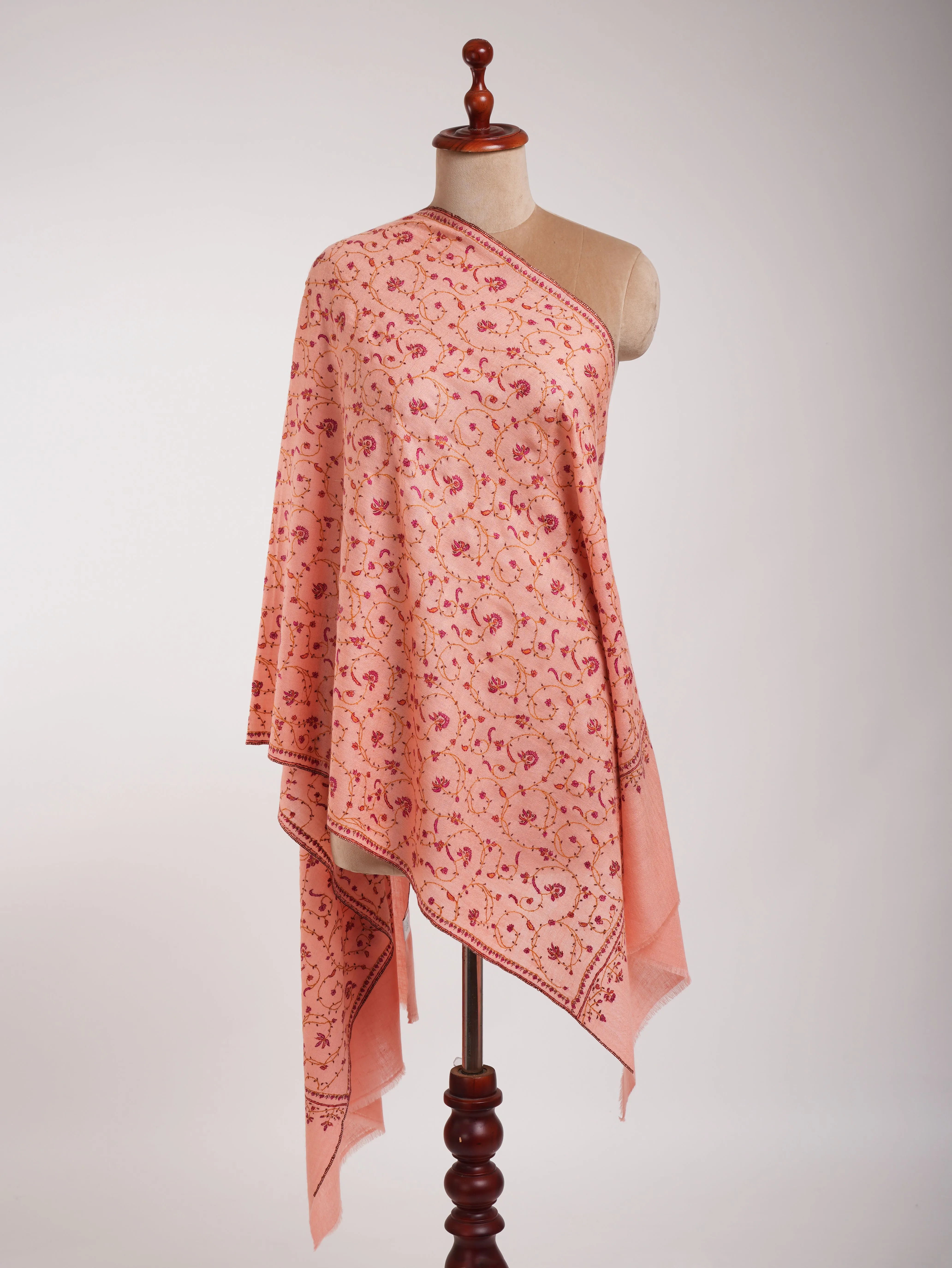 Peach Pink Sozni Embroidered Kashmiri Cashmere Wrap