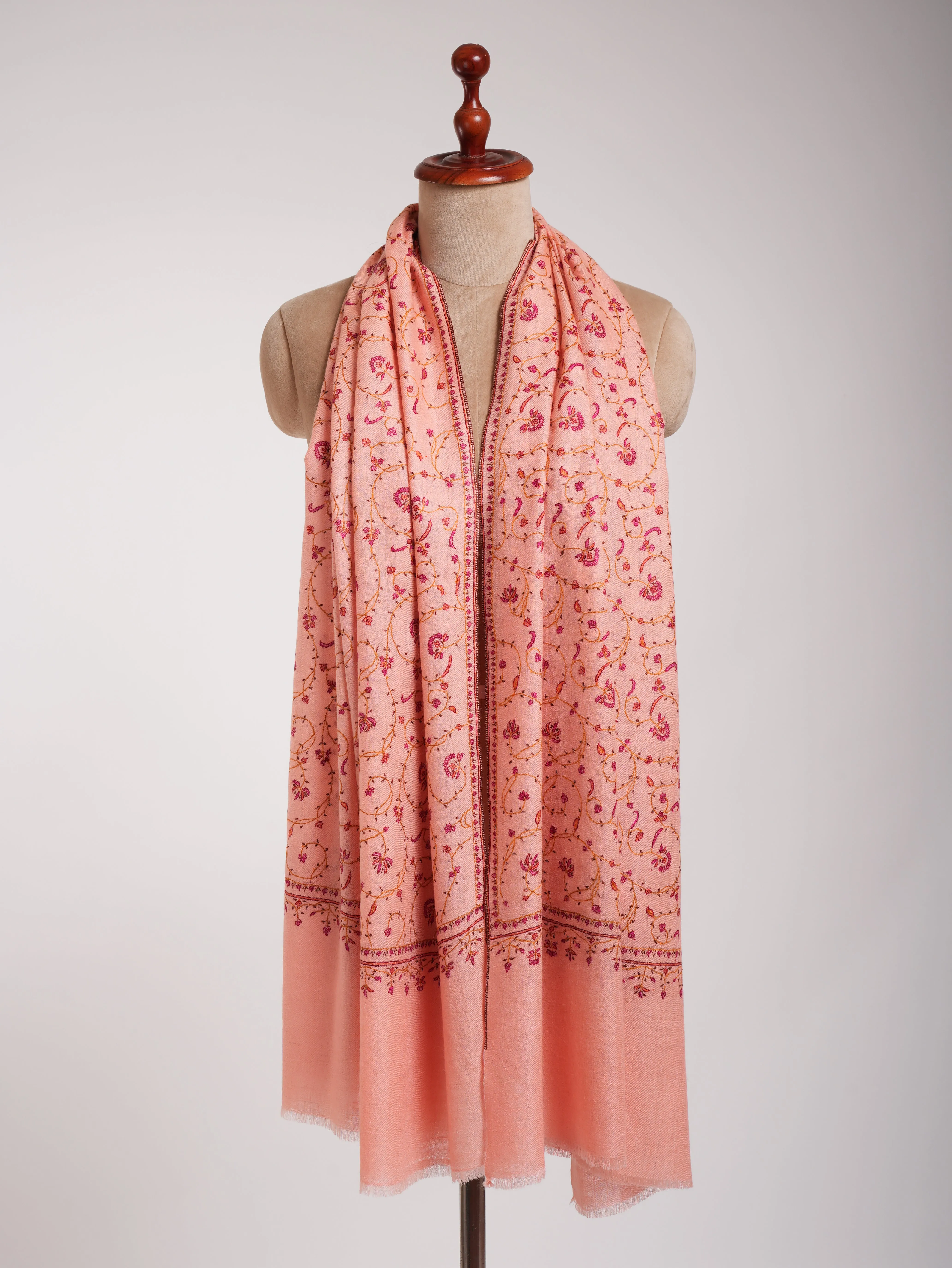 Peach Pink Sozni Embroidered Kashmiri Cashmere Wrap