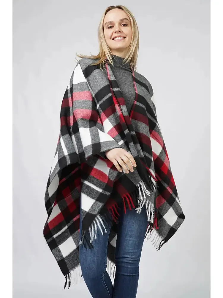 Plaid Pattern Fringe Cape