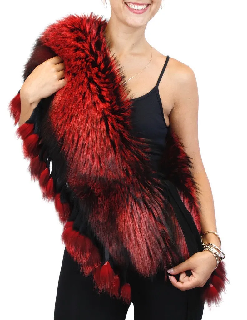 RED DYED SILVER FOX FUR COLLAR/SHAWL/WRAP WITH MATCHING FUR FRINGE