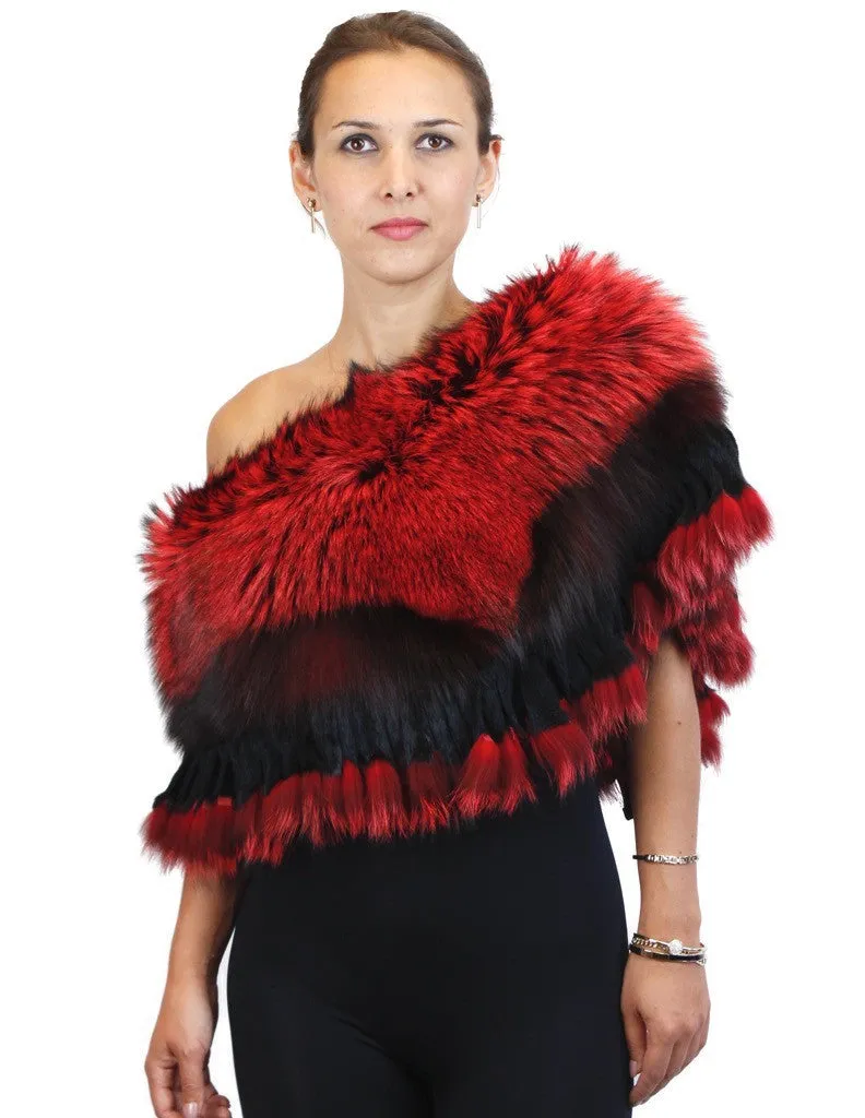 RED DYED SILVER FOX FUR COLLAR/SHAWL/WRAP WITH MATCHING FUR FRINGE