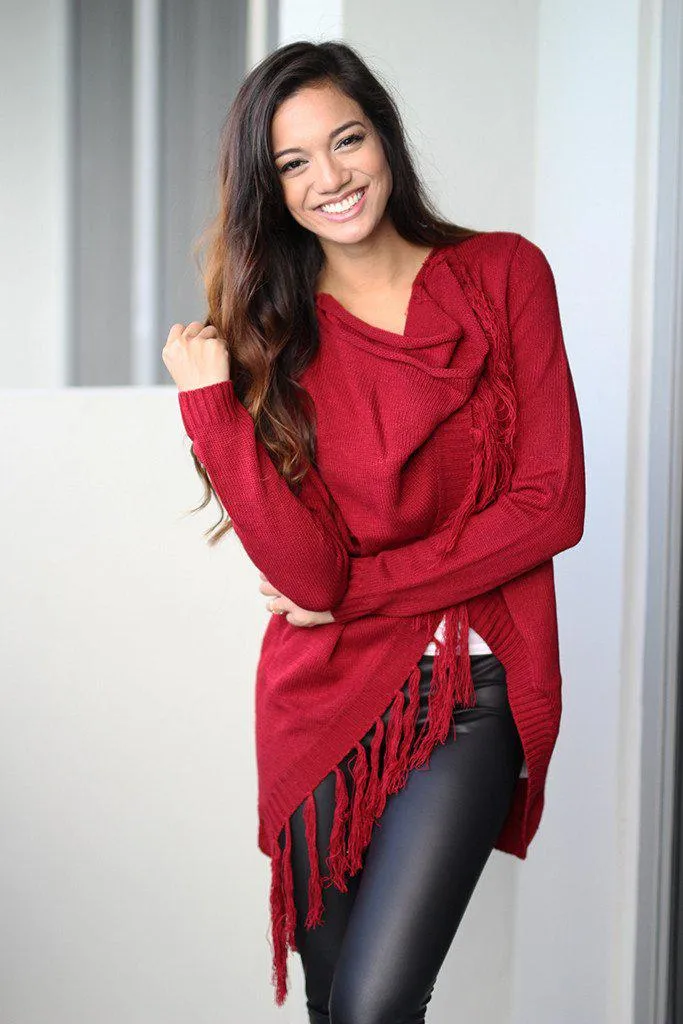 Red Wrap Fringe Cardigan