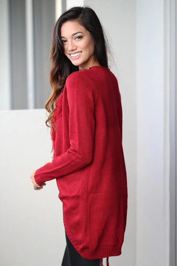 Red Wrap Fringe Cardigan