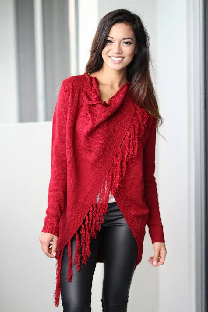 Red Wrap Fringe Cardigan