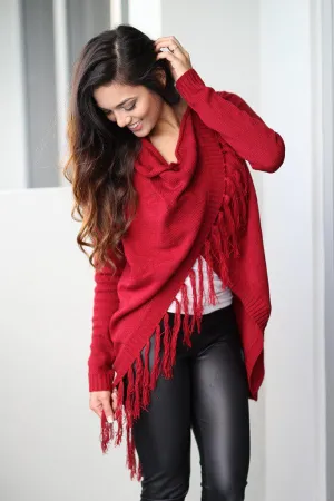 Red Wrap Fringe Cardigan