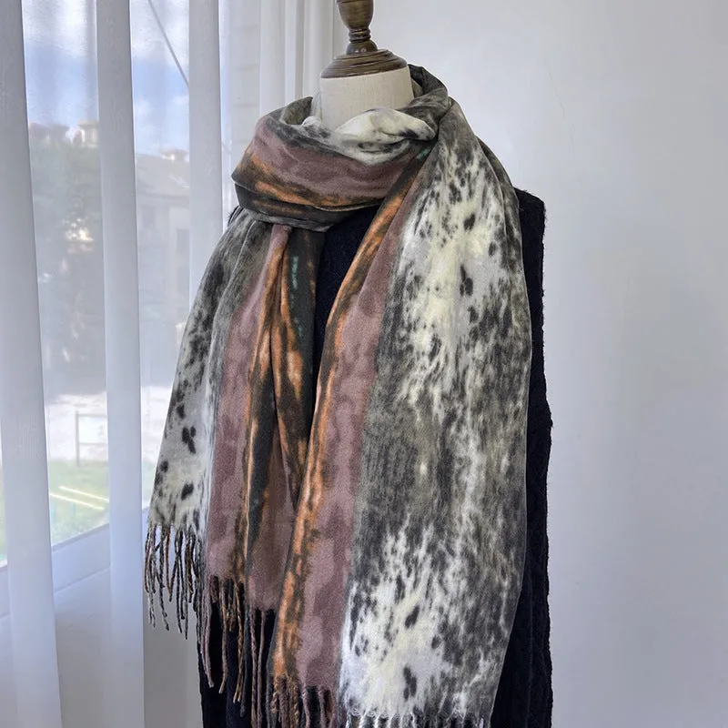 Scarf European and American print imitation cashmere shawl dual-use women's warm tassel scarf