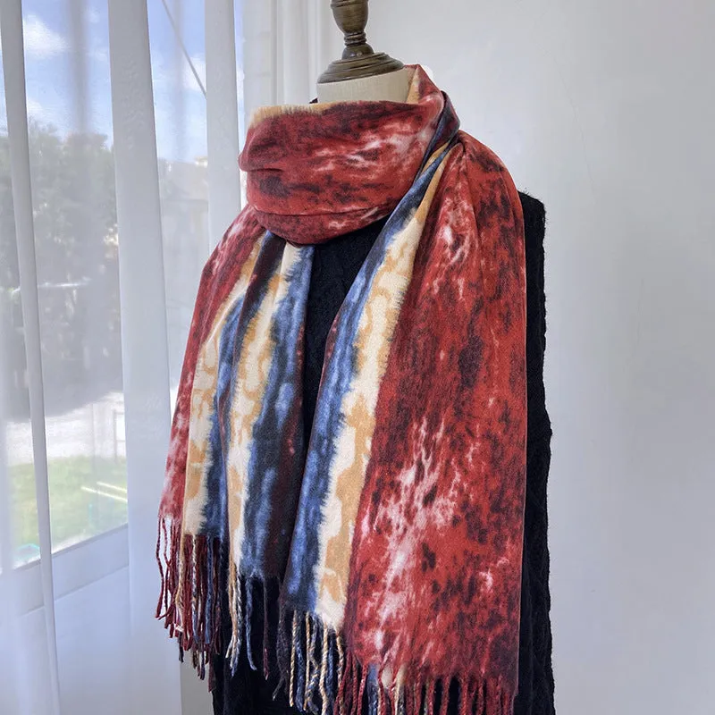 Scarf European and American print imitation cashmere shawl dual-use women's warm tassel scarf