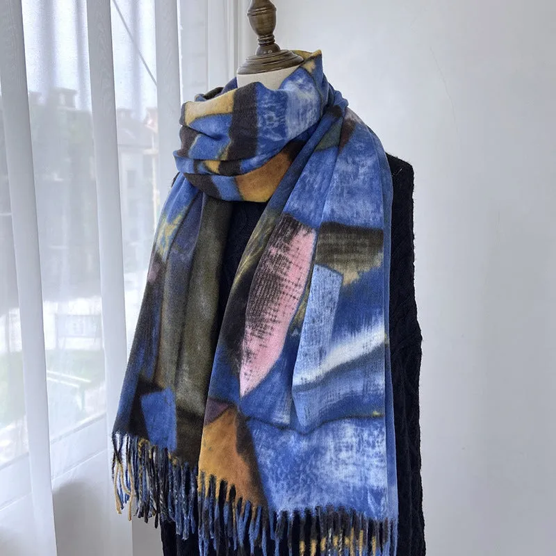 Scarf women's printed tassel shawl mid-length thickened imitation cashmere warm scarf