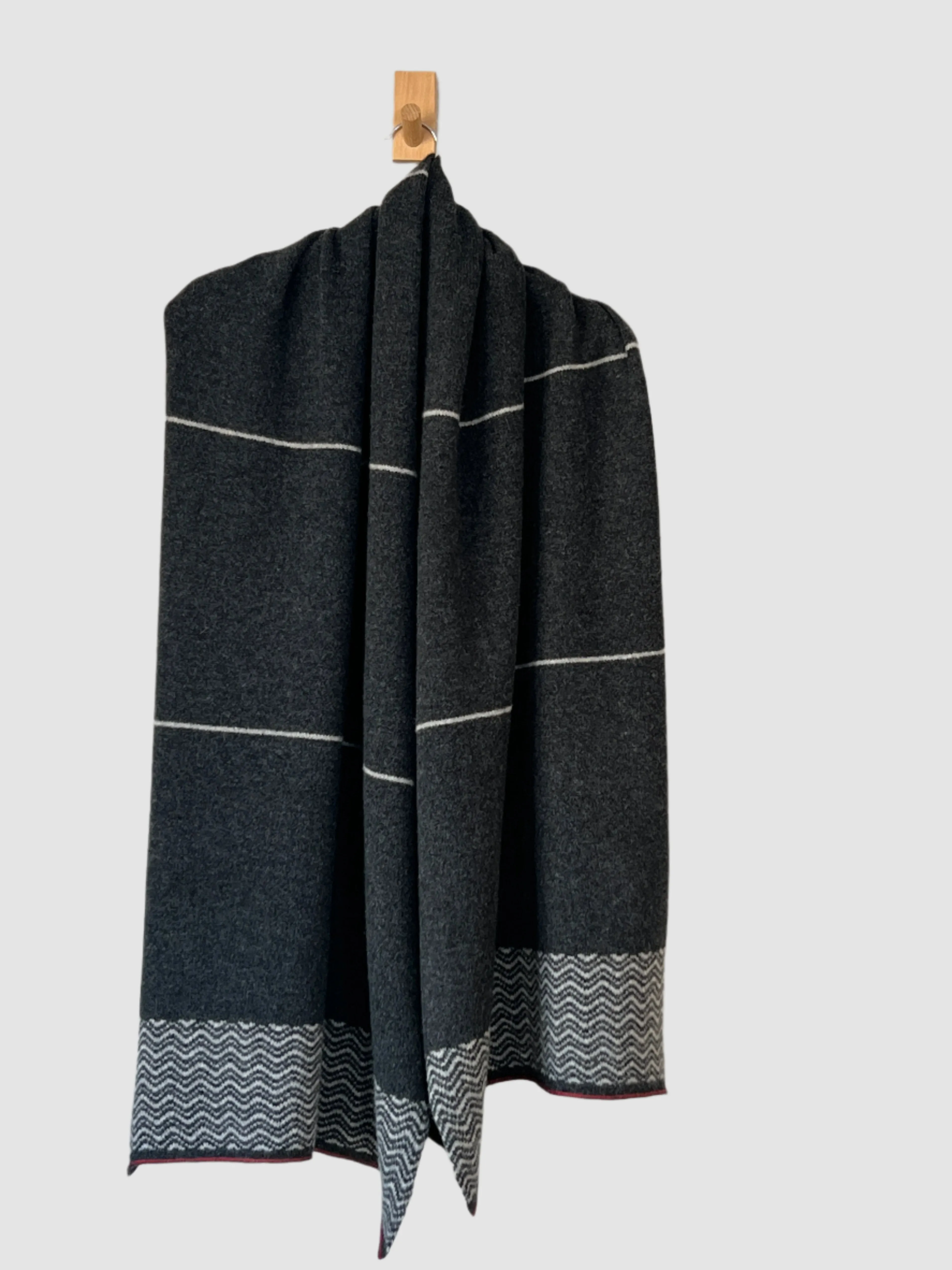 Shawl scarf wrap nearly black with silver grey drift patten and stripes