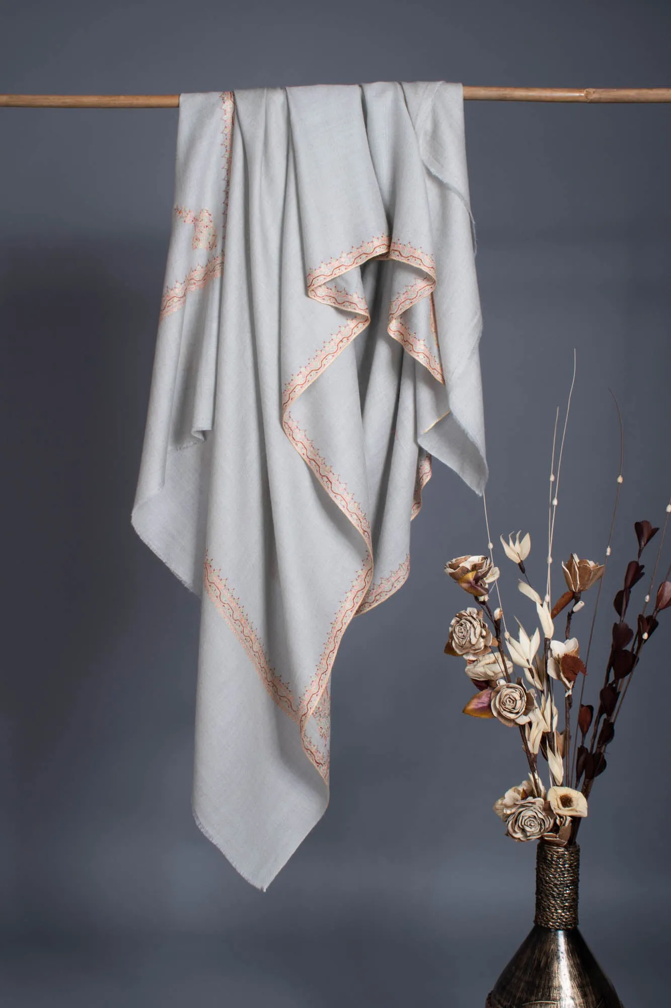 Silver Grey Handloomed Cashmere Hand Embroidered Shawl - TORREON