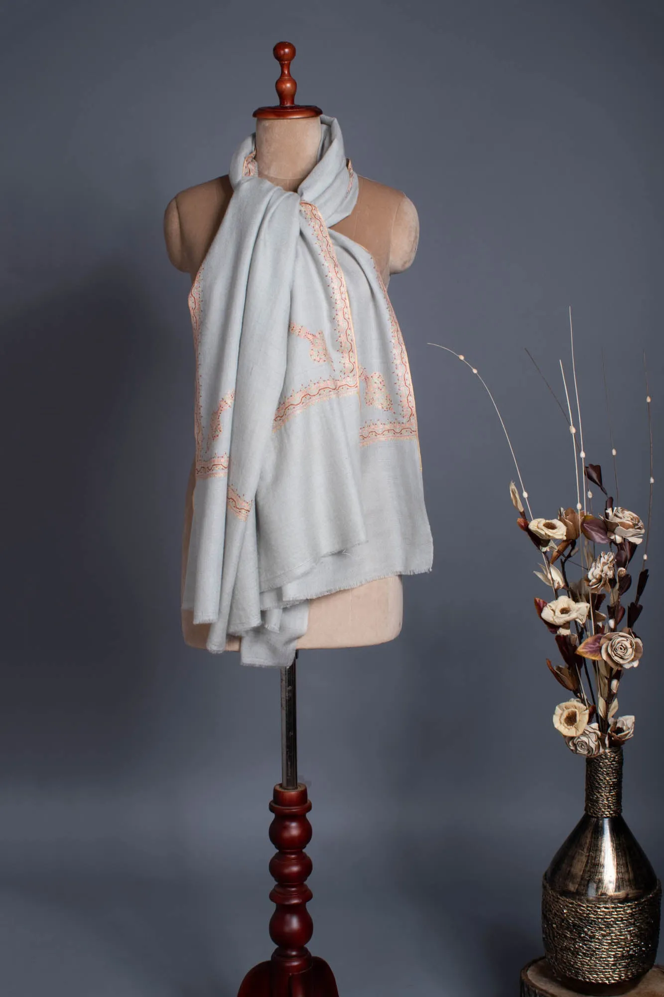 Silver Grey Handloomed Cashmere Hand Embroidered Shawl - TORREON