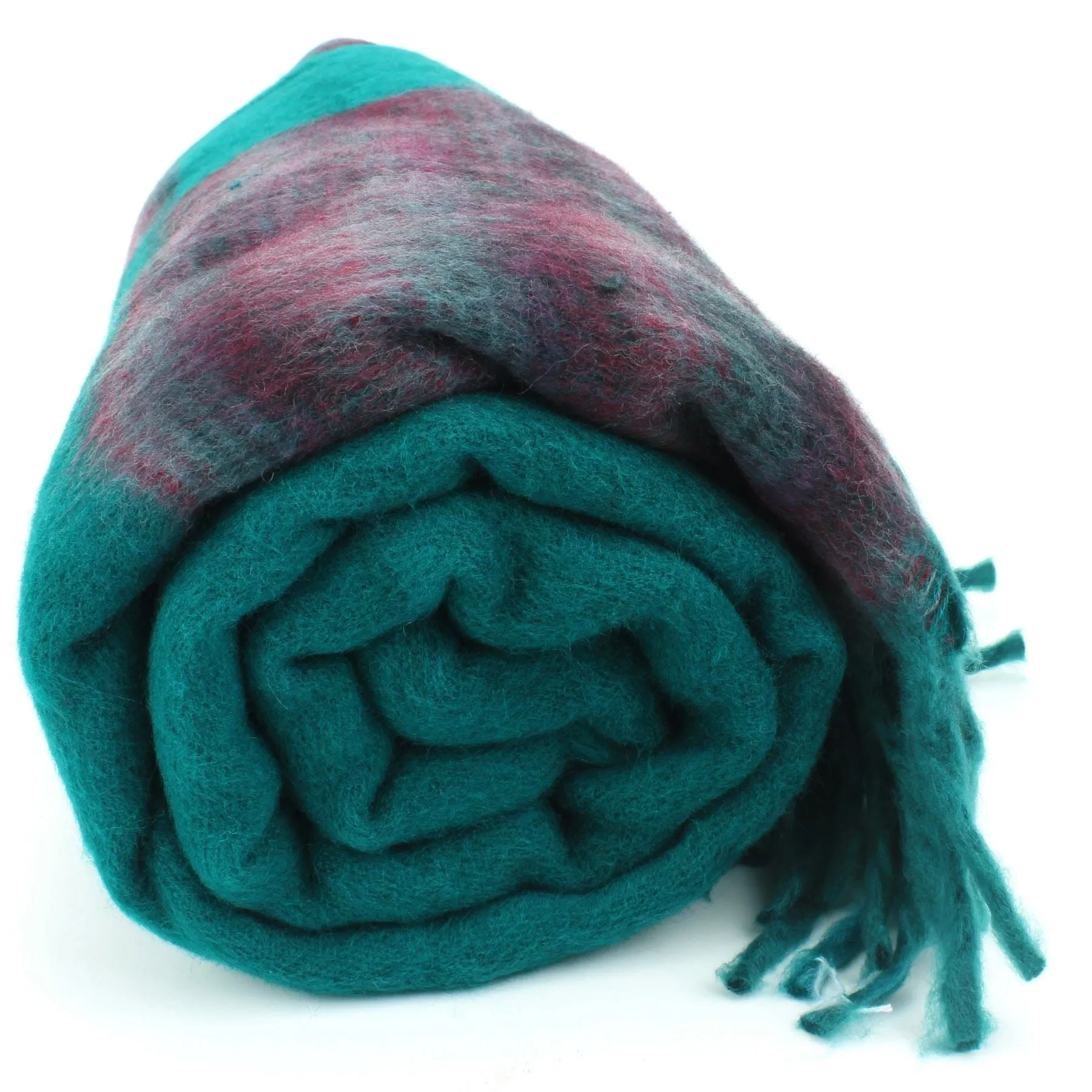 Tibetan Wool Blend Shawl Blanket - Teal with Maroon Reverse