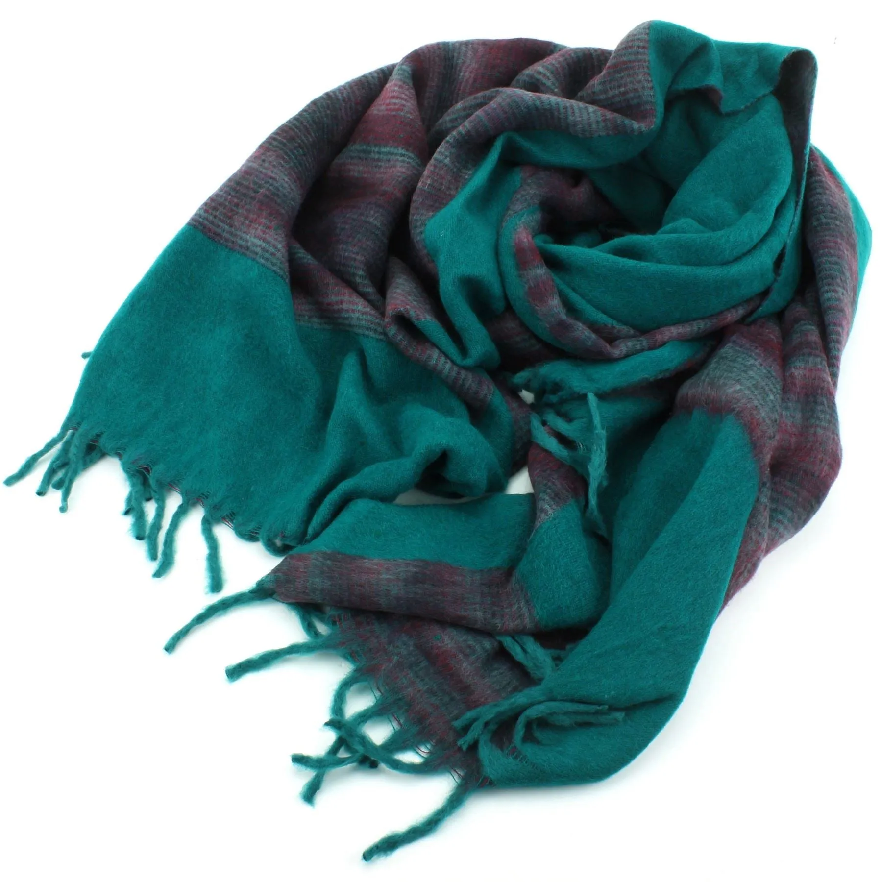 Tibetan Wool Blend Shawl Blanket - Teal with Maroon Reverse