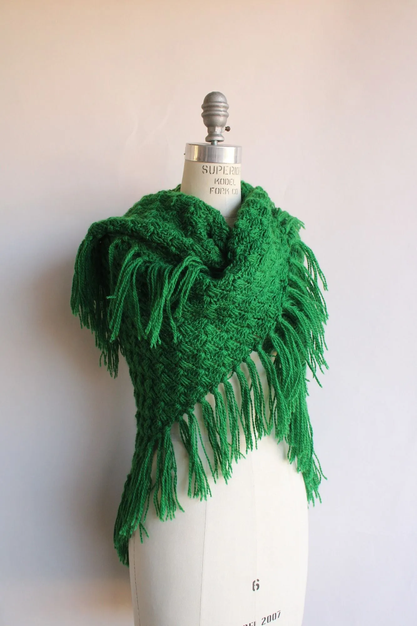 Vintage 1960s 1970s Green Knit with Fringe Shawl