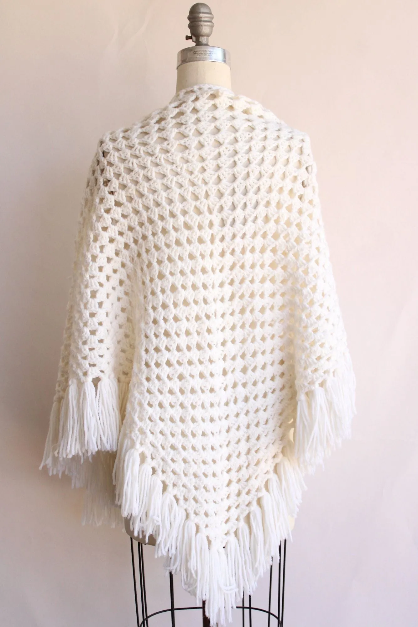 Vintage 1960s 1970s Shawl, White Knit with Fringe