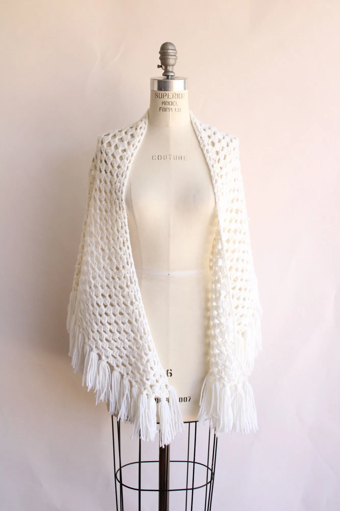 Vintage 1960s 1970s Shawl, White Knit with Fringe