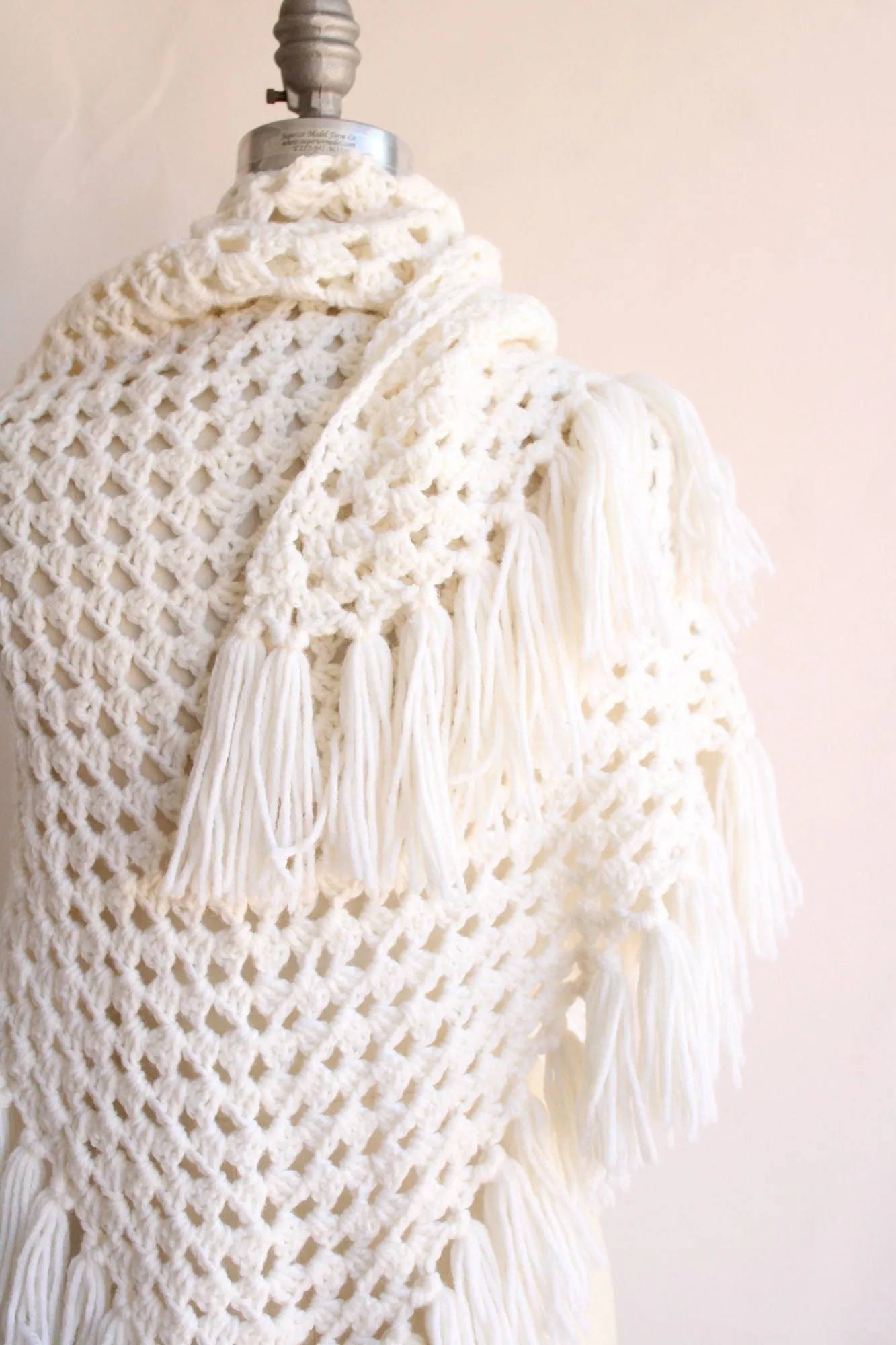 Vintage 1960s 1970s Shawl, White Knit with Fringe