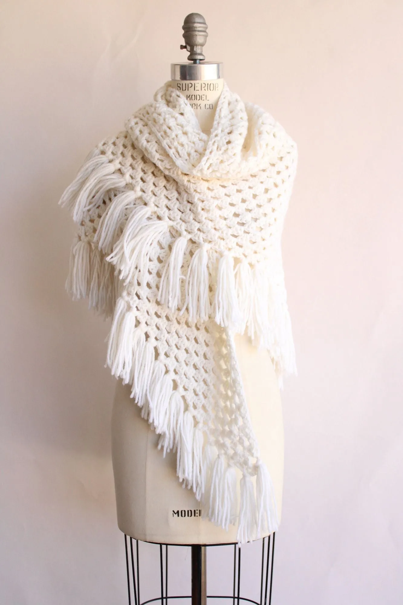 Vintage 1960s 1970s Shawl, White Knit with Fringe