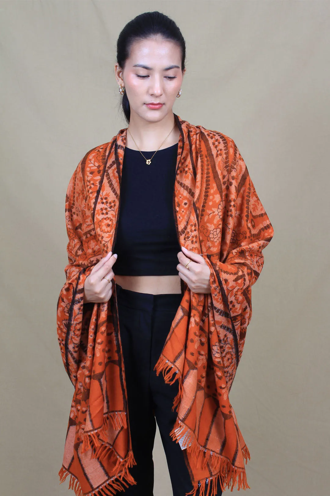 Vogue Wrap Pumpkin Orange Outlined Kani Jama Shawl