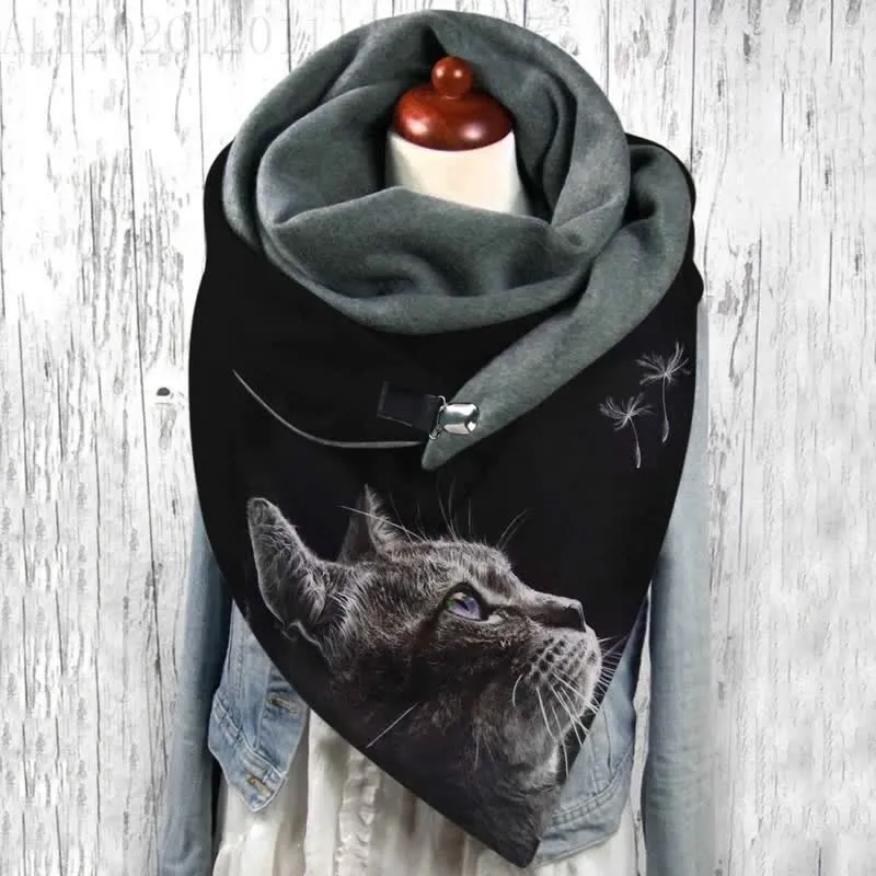 Women's Cozy Dandelion Cat Print Triangle Scarf