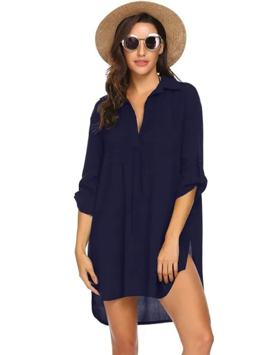 Women’s Deep V-Neck Beach Cover-Up – Lightweight Swimsuit Blouse