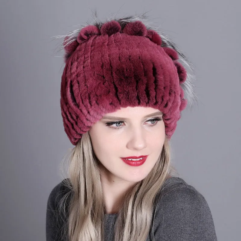 Women's winter warm fashion thickened wool hat Rex rabbit fur hat knitted with side flower hat