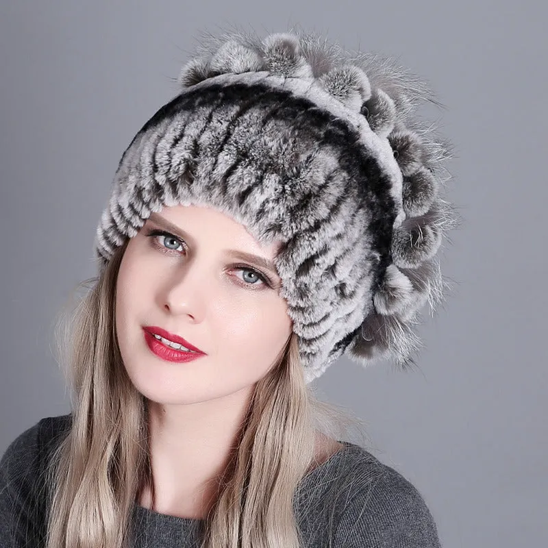 Women's winter warm fashion thickened wool hat Rex rabbit fur hat knitted with side flower hat