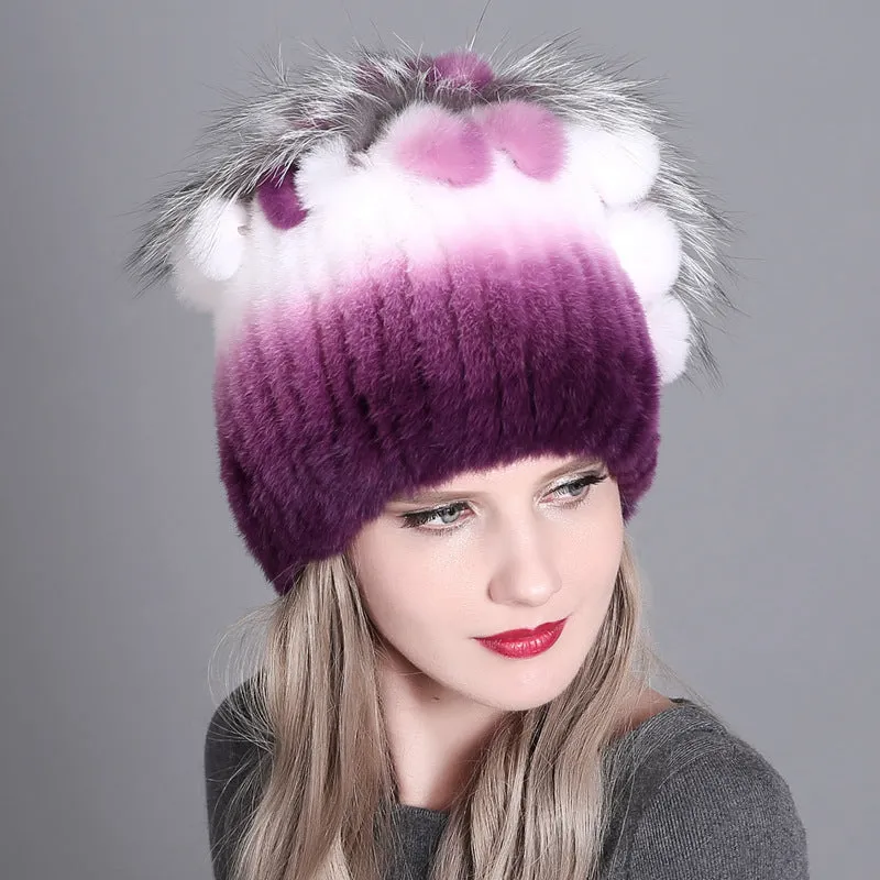 Women's winter warm fashion thickened wool hat Rex rabbit fur hat knitted with side flower hat