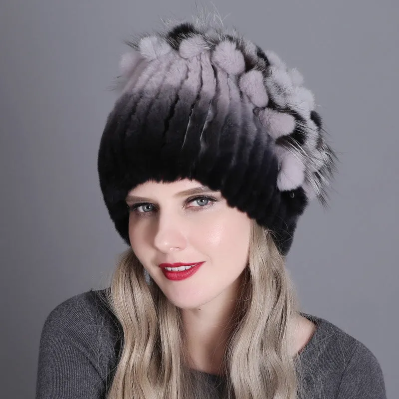 Women's winter warm fashion thickened wool hat Rex rabbit fur hat knitted with side flower hat