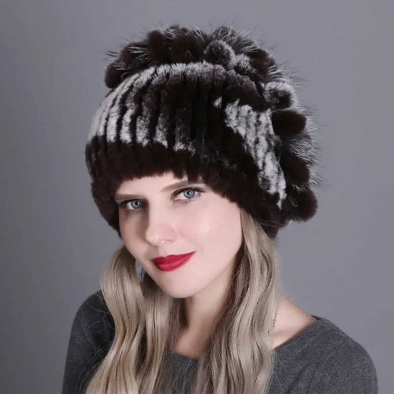 Women's winter warm fashion thickened wool hat Rex rabbit fur hat knitted with side flower hat