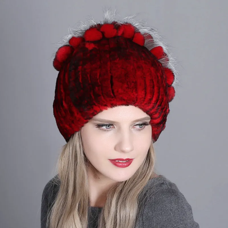 Women's winter warm fashion thickened wool hat Rex rabbit fur hat knitted with side flower hat