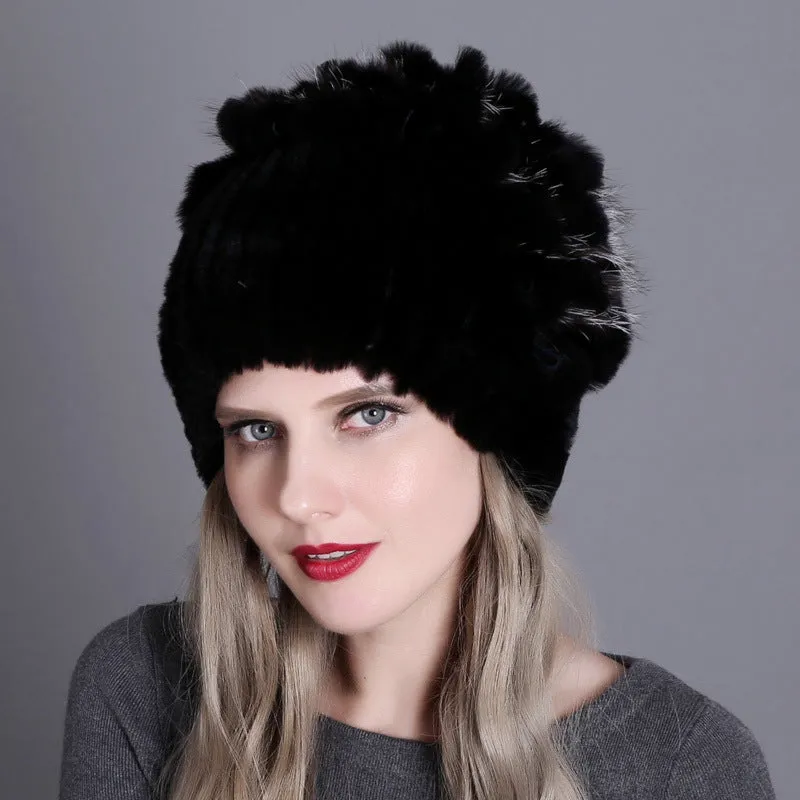 Women's winter warm fashion thickened wool hat Rex rabbit fur hat knitted with side flower hat