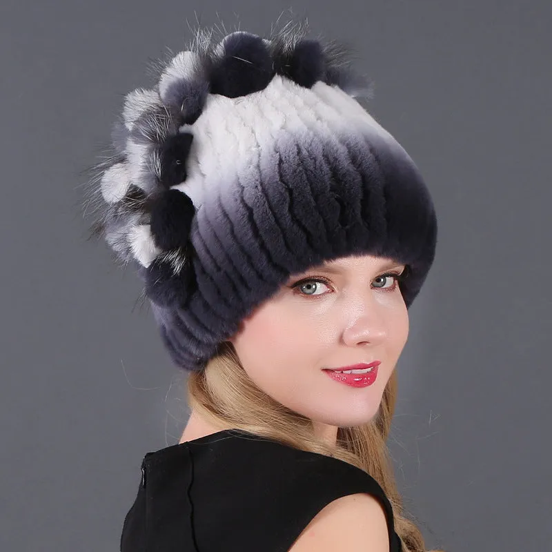 Women's winter warm fashion thickened wool hat Rex rabbit fur hat knitted with side flower hat