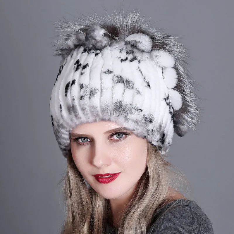 Women's winter warm fashion thickened wool hat Rex rabbit fur hat knitted with side flower hat