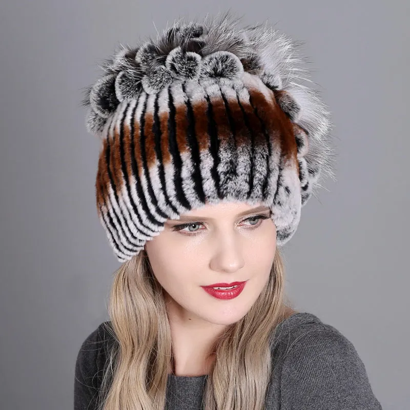 Women's winter warm fashion thickened wool hat Rex rabbit fur hat knitted with side flower hat