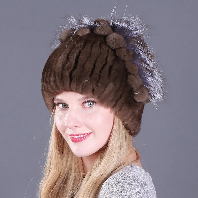 Women's winter warm fashion thickened wool hat Rex rabbit fur hat knitted with side flower hat