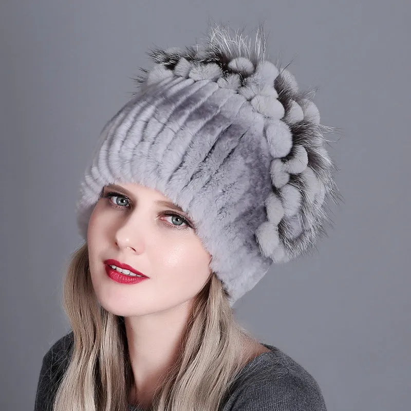 Women's winter warm fashion thickened wool hat Rex rabbit fur hat knitted with side flower hat