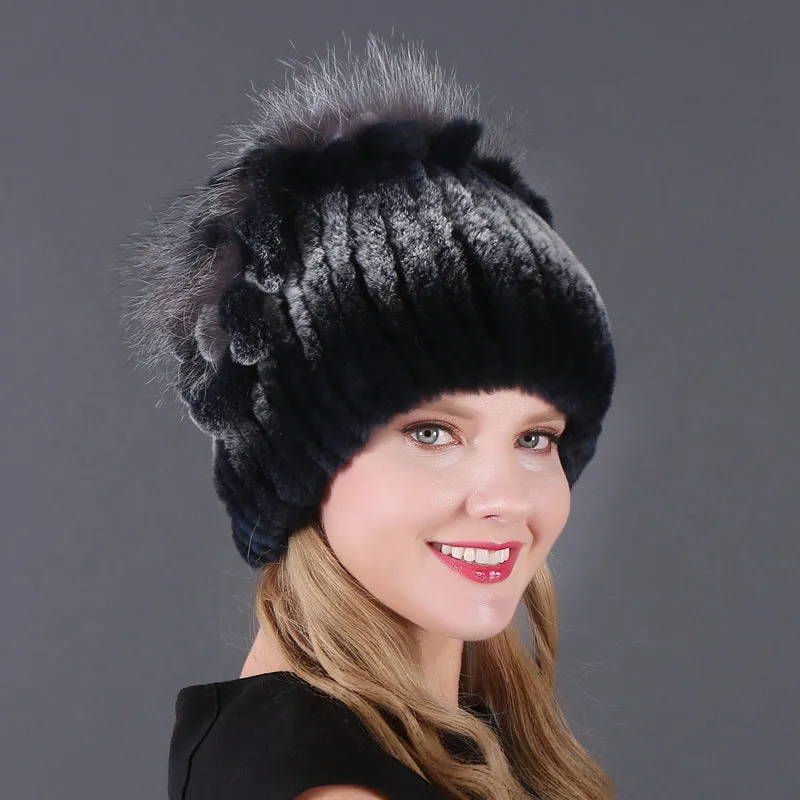 Women's winter warm fashion thickened wool hat Rex rabbit fur hat knitted with side flower hat