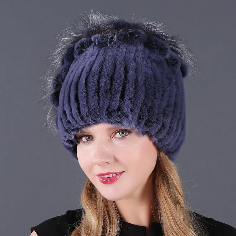 Women's winter warm fashion thickened wool hat Rex rabbit fur hat knitted with side flower hat