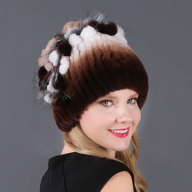 Women's winter warm fashion thickened wool hat Rex rabbit fur hat knitted with side flower hat