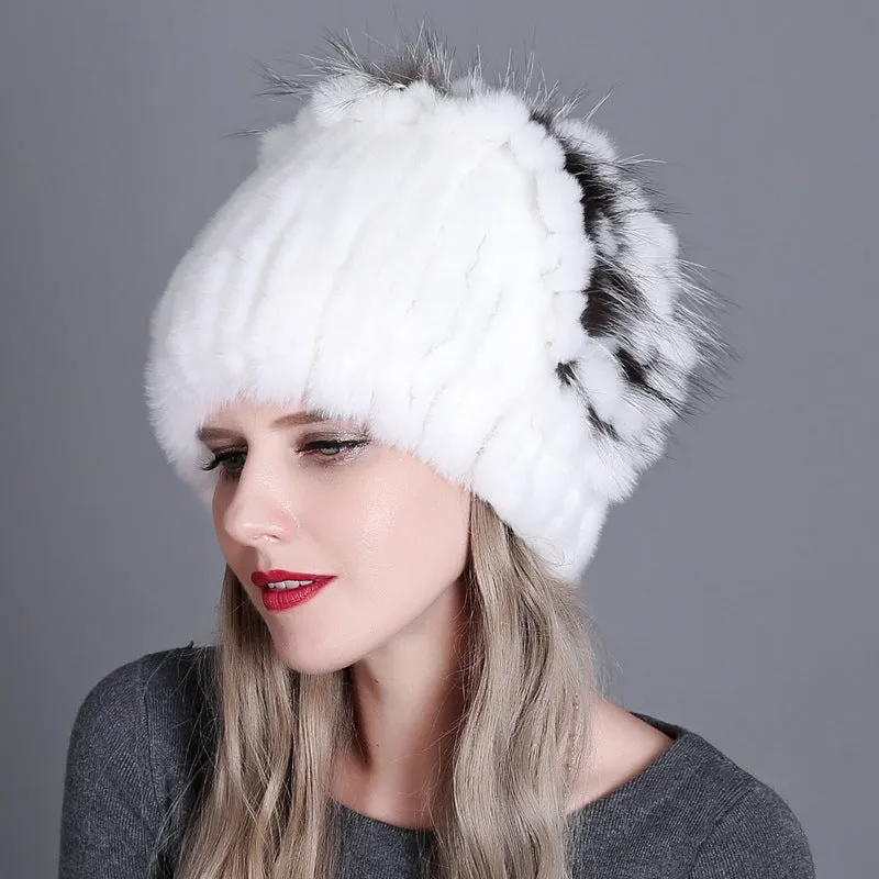 Women's winter warm fashion thickened wool hat Rex rabbit fur hat knitted with side flower hat