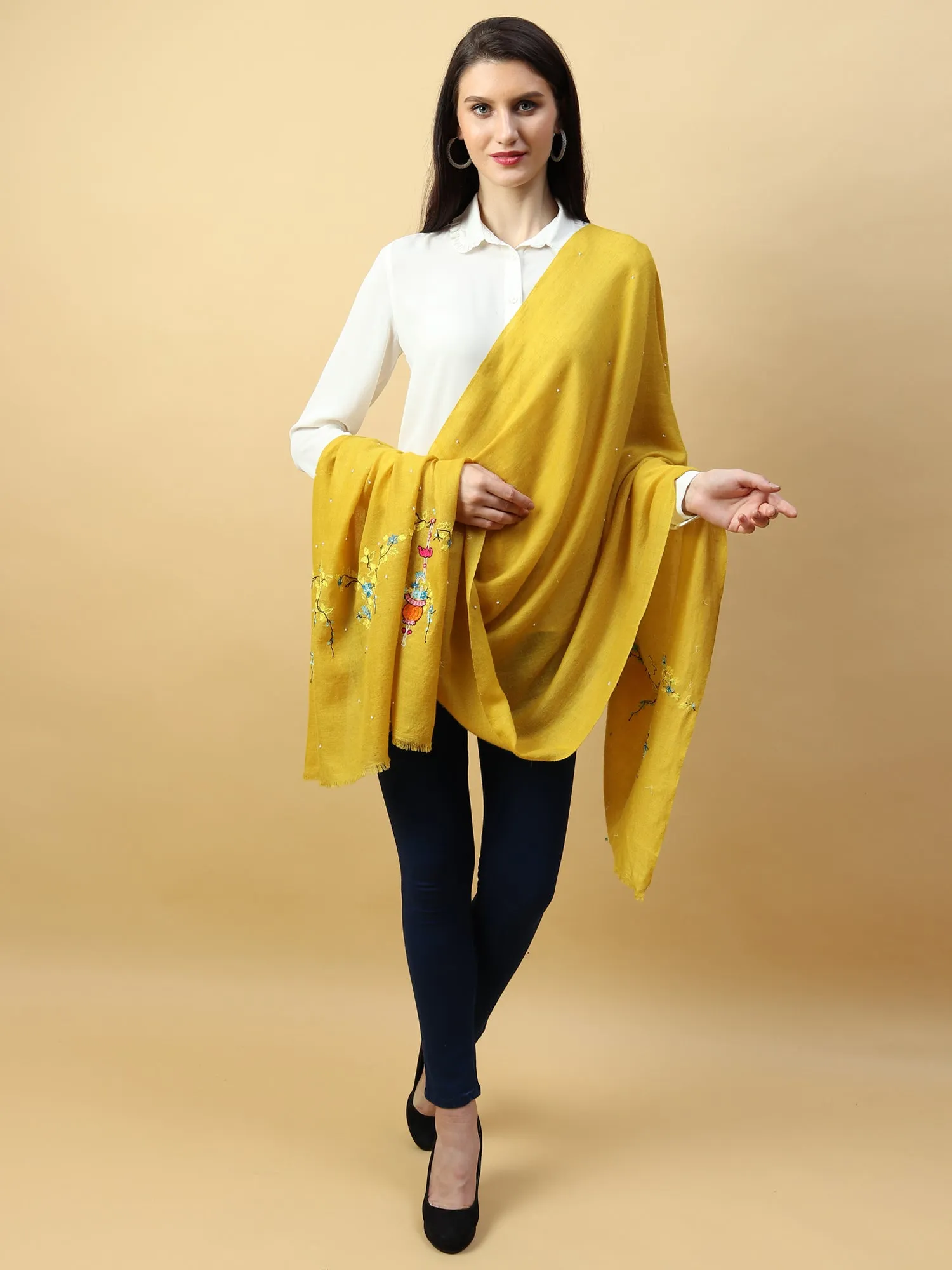 Yellow Shawl, Pure Pashmina Shawl hand embroidered with floral basket pattern