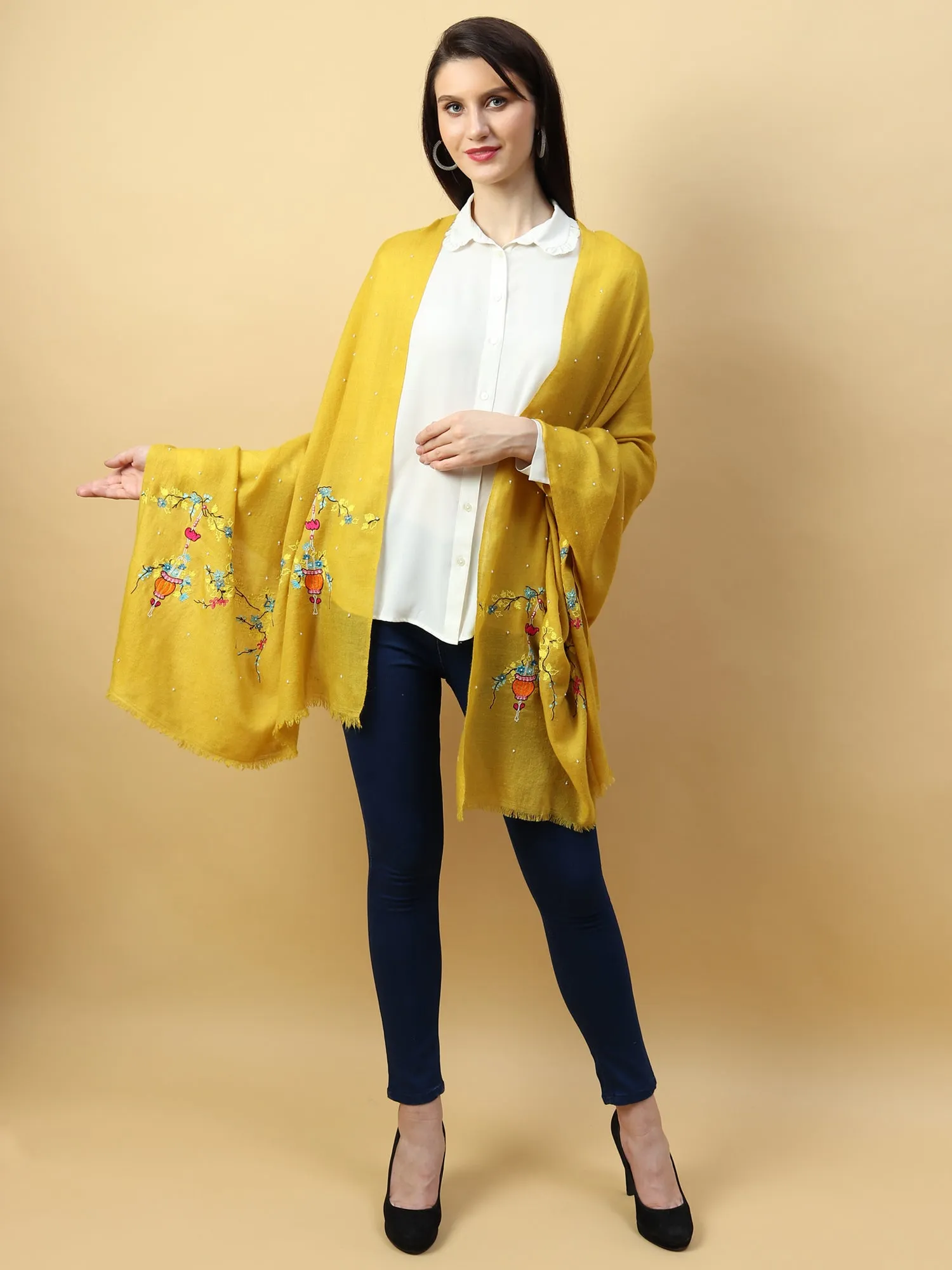 Yellow Shawl, Pure Pashmina Shawl hand embroidered with floral basket pattern