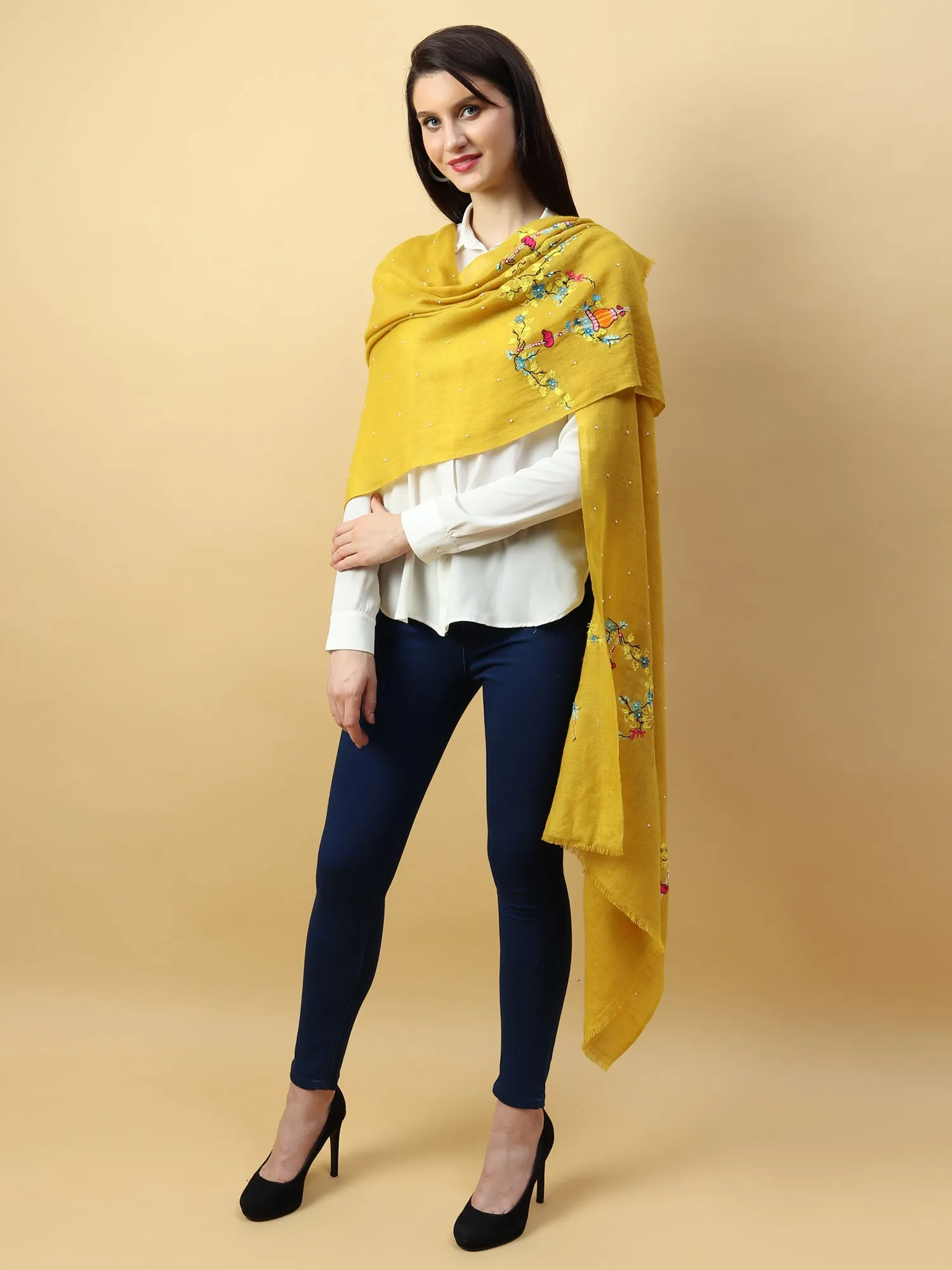 Yellow Shawl, Pure Pashmina Shawl hand embroidered with floral basket pattern